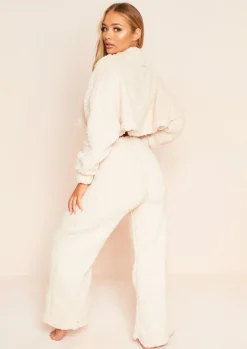 Co-Ords*Missy Empire Liana Beige Teddy Borg Trouser Co-Ord Set