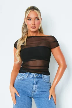 Tops*Missy Empire Libby Black Short Sleeve One Shoulder Mesh Top