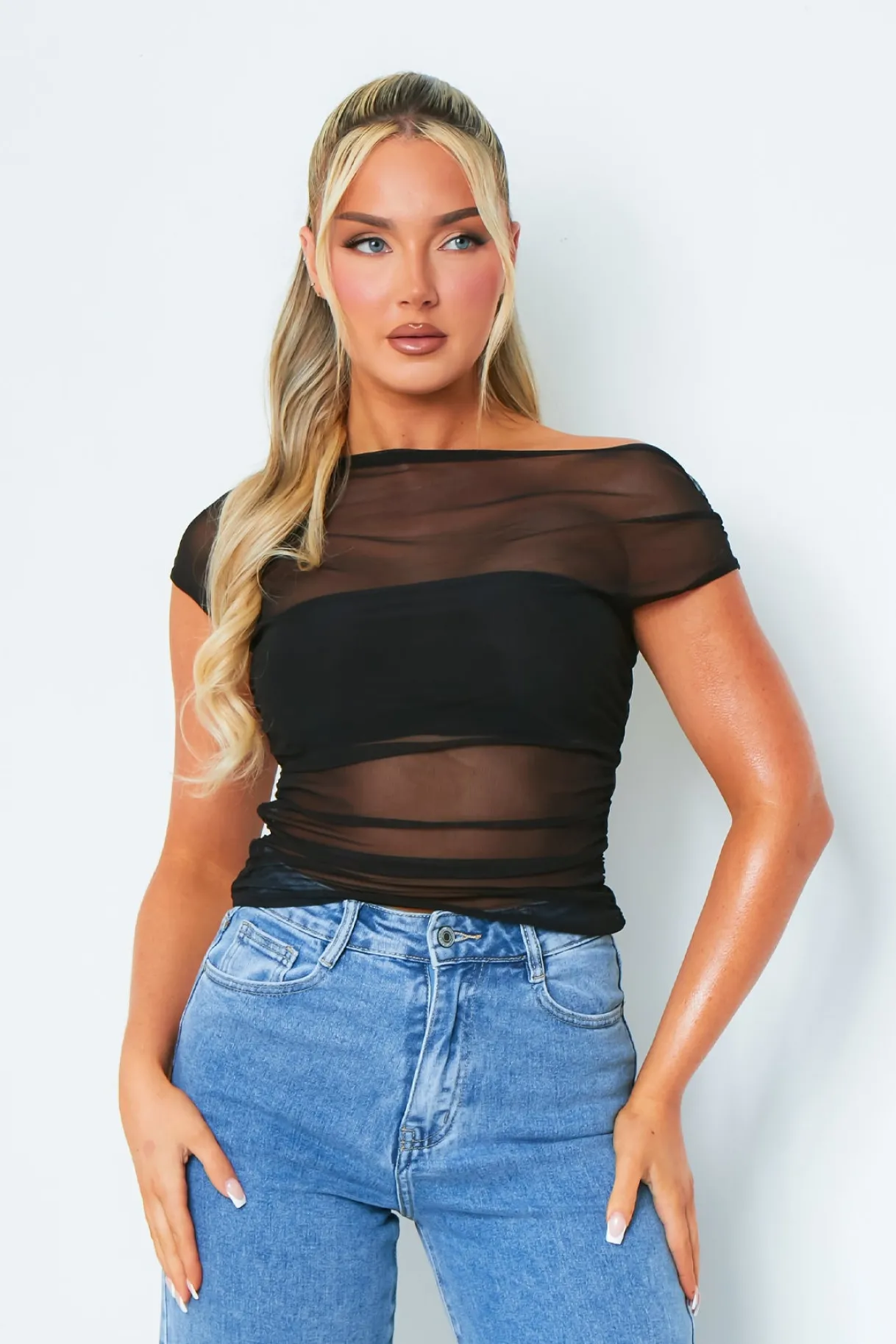 Tops*Missy Empire Libby Black Short Sleeve One Shoulder Mesh Top