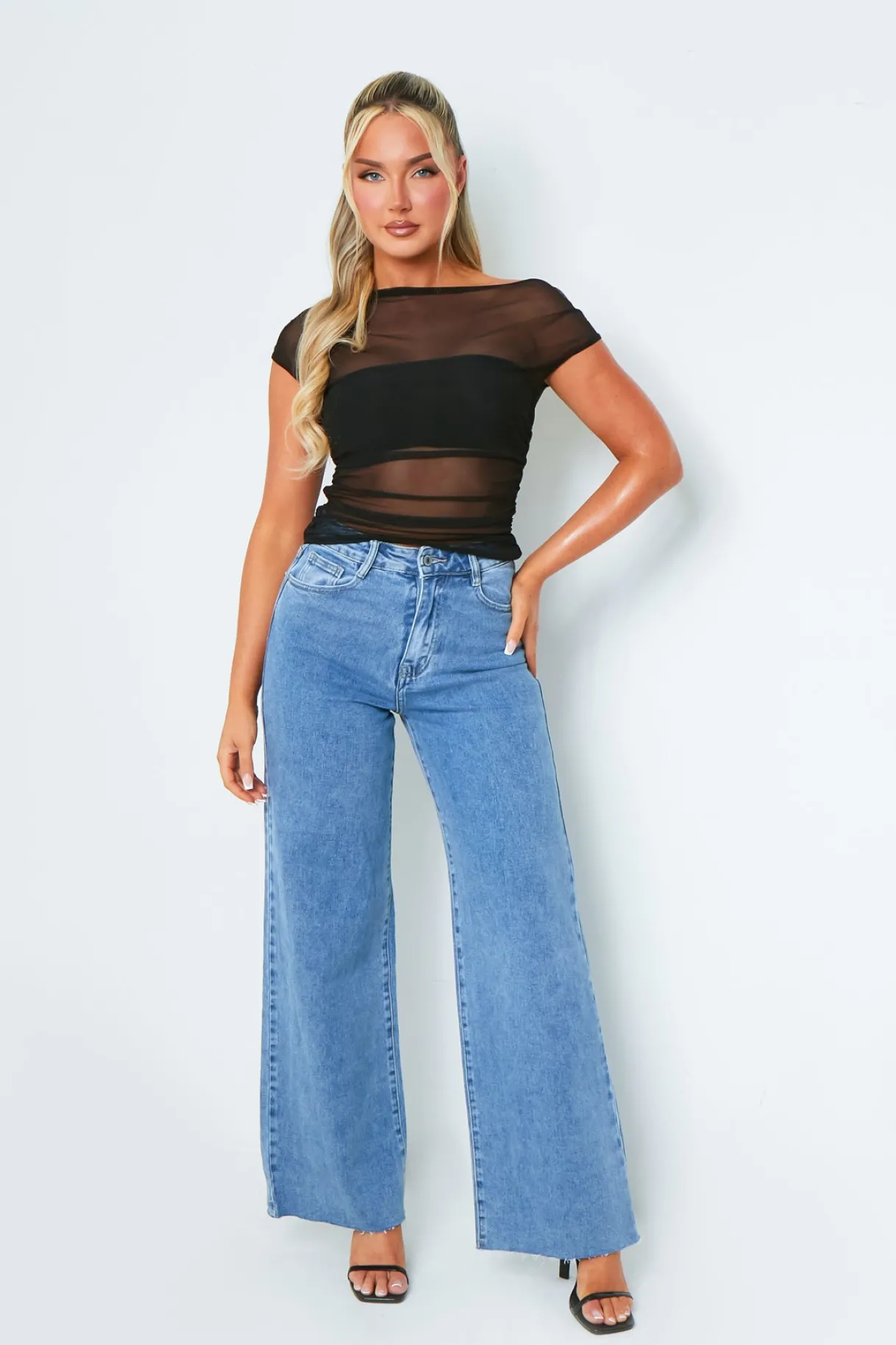 Tops*Missy Empire Libby Black Short Sleeve One Shoulder Mesh Top