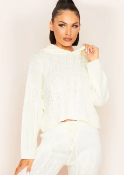 Loungewear|Knitwear*Missy Empire Lisa Cream Cable Knitted Hoodie Co-ord Set
