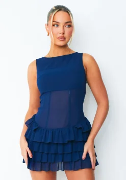 Mini Dresses|Party Dresses*Missy Empire Lola Ruffle Lace Up Back Mini Dress Navy