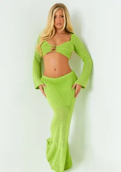 Tops|Co-Ords*Missy Empire Lorelei Green Long Sleeve Tie Back Knitted Corset Top