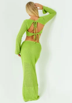 Tops|Co-Ords*Missy Empire Lorelei Green Long Sleeve Tie Back Knitted Corset Top