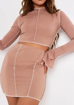 Skirts*Missy Empire Louana Cream Contrast Stitch Ribbed Mini Skirt Mocha