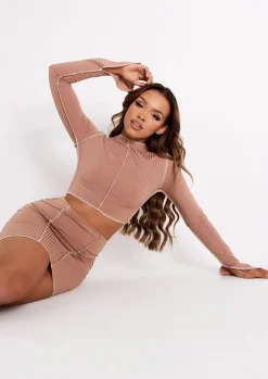 Skirts*Missy Empire Louana Cream Contrast Stitch Ribbed Mini Skirt Mocha