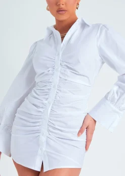 Shirt Dresses|Long Sleeve Dresses*Missy Empire Lucia Ruched Front Mini Shirt Dress White