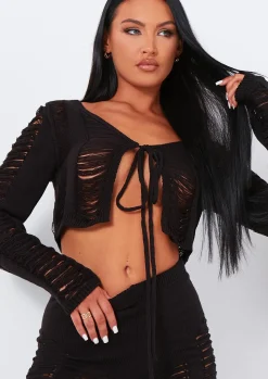 Knitwear|Co-Ords*Missy Empire Lucille Laddered Knitted Tie Front Cardigan Black