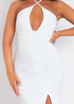 Midi Dresses|Party Dresses*Missy Empire Lucy White Halter Neck Cross Over Ruched Midi Dress