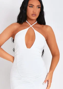 Midi Dresses|Party Dresses*Missy Empire Lucy White Halter Neck Cross Over Ruched Midi Dress