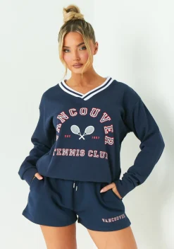 Airport Vibin'|Loungewear*Missy Empire Lyla Navy Vancouver V Neck Sweatshirt Blue