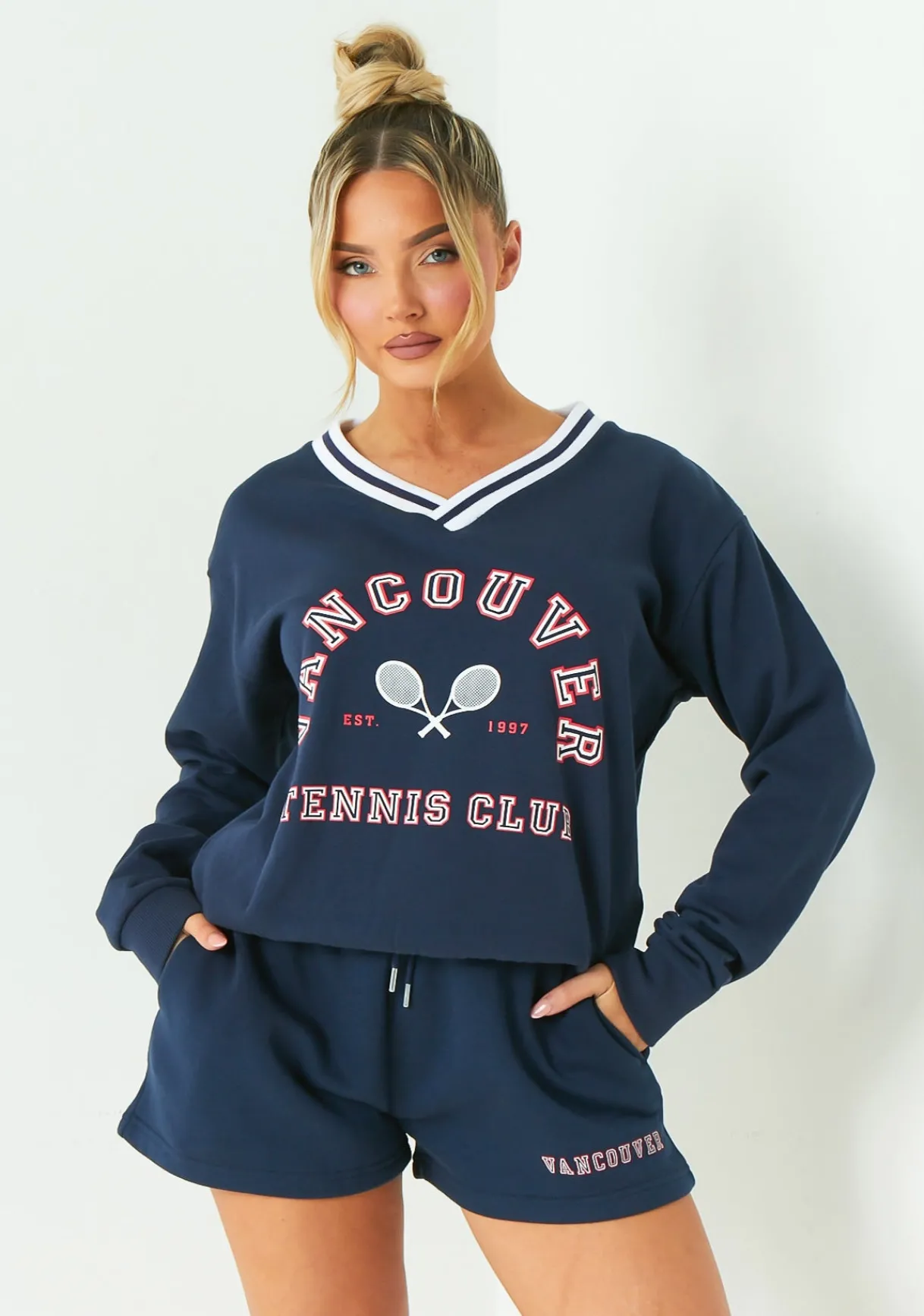 Airport Vibin'|Loungewear*Missy Empire Lyla Navy Vancouver V Neck Sweatshirt Blue