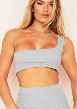 Tops|Co-Ords*Missy Empire Mabel One Shoulder Ribbed Crop Top Grey