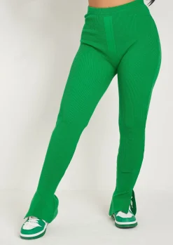 Airport Vibin'|Loungewear*Missy Empire Madilyn Knitted Rib High Waisted Split Leggings Green