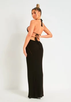 Little Black Dresses|Knitted Dresses*Missy Empire Madison Crochet Knit Halterneck Backless Maxi Dress Black
