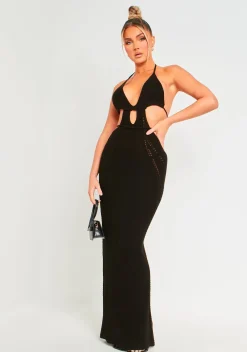 Little Black Dresses|Knitted Dresses*Missy Empire Madison Crochet Knit Halterneck Backless Maxi Dress Black
