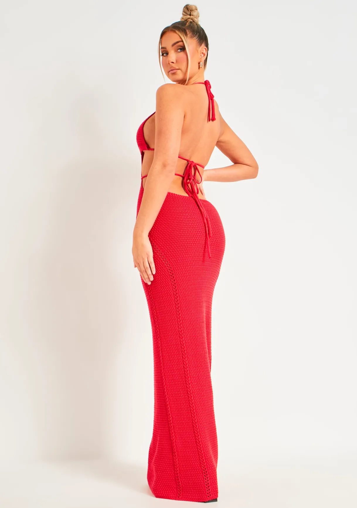 Knitted Dresses|Maxi Dresses*Missy Empire Madison Crochet Knit Halterneck Backless Maxi Dress Red