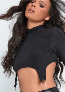 Tops*Missy Empire Maisy Long Sleeve D Ring Slinky Crop Top Black