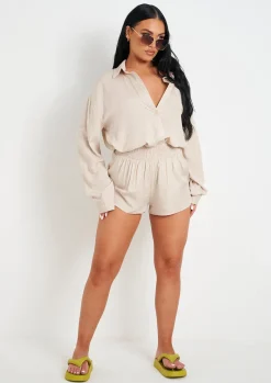 Airport Vibin'|Shorts*Missy Empire Maleah Linen Sheered Waist Shorts Beige