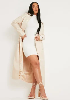 Coats & Jackets*Missy Empire Malin Vinyl Faux Leather Belted Button Through Trench Coat Stone