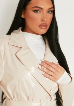Coats & Jackets*Missy Empire Malin Vinyl Faux Leather Belted Button Through Trench Coat Stone