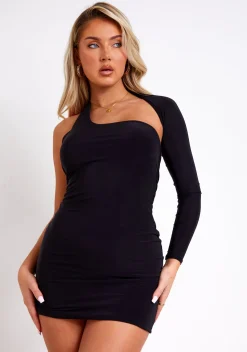 The Party Edit|Little Black Dresses*Missy Empire Mallory One Sleeve Slinky Mini Dress Black