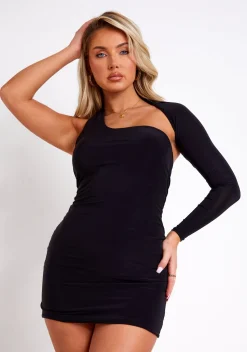 The Party Edit|Little Black Dresses*Missy Empire Mallory One Sleeve Slinky Mini Dress Black