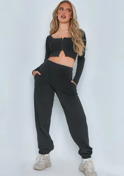Airport Vibin'|Tops*Missy Empire Manny Contour Rib Cropped Hook And Eye Long Sleeve Top Black
