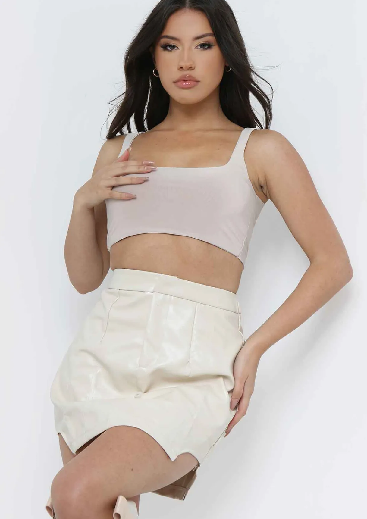 Skirts*Missy Empire Margot Stone Faux Leather Curved Hem Mini Skirt