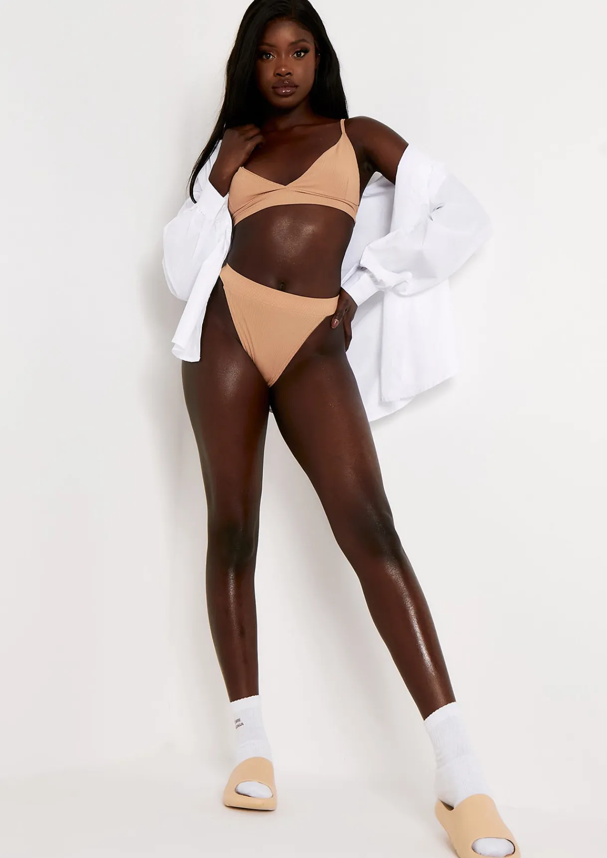 Seamless & Shapewear|Lingerie*Missy Empire Maria High Waisted Ribbed Thong Knickers Beige