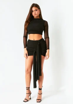 The Party Edit|Tops*Missy Empire Mariah Khaki Mesh Long Sleeve Crop Top Black