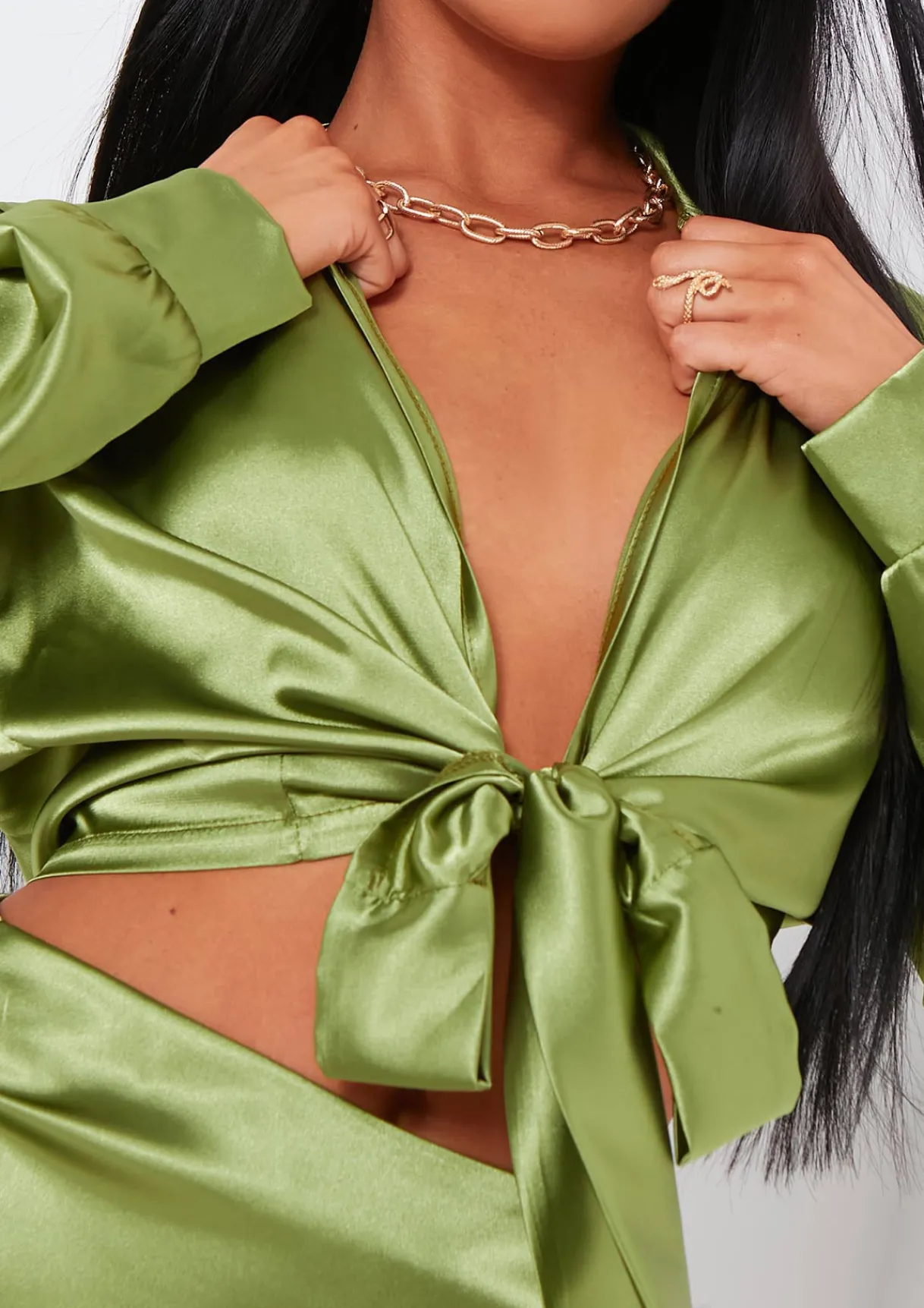 Tops|Co-Ords*Missy Empire Marianna Satin Tie Up Cropped Shirt Co-Ord Green