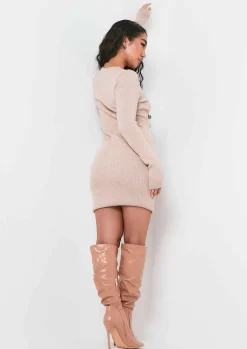 Long Sleeve Dresses|Knitted Dresses*Missy Empire Marina Beige Knitted Cut Out Long Sleeve Mini Dress