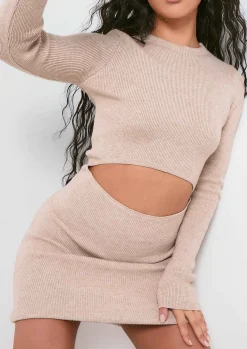 Long Sleeve Dresses|Knitted Dresses*Missy Empire Marina Beige Knitted Cut Out Long Sleeve Mini Dress
