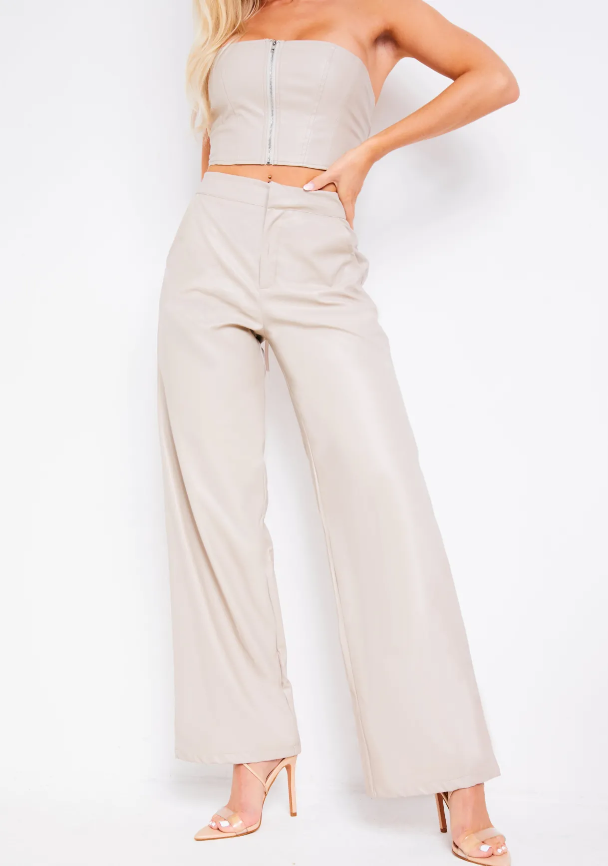 Trousers|Co-Ords*Missy Empire Marla Cream PU Straight Leg Trouser