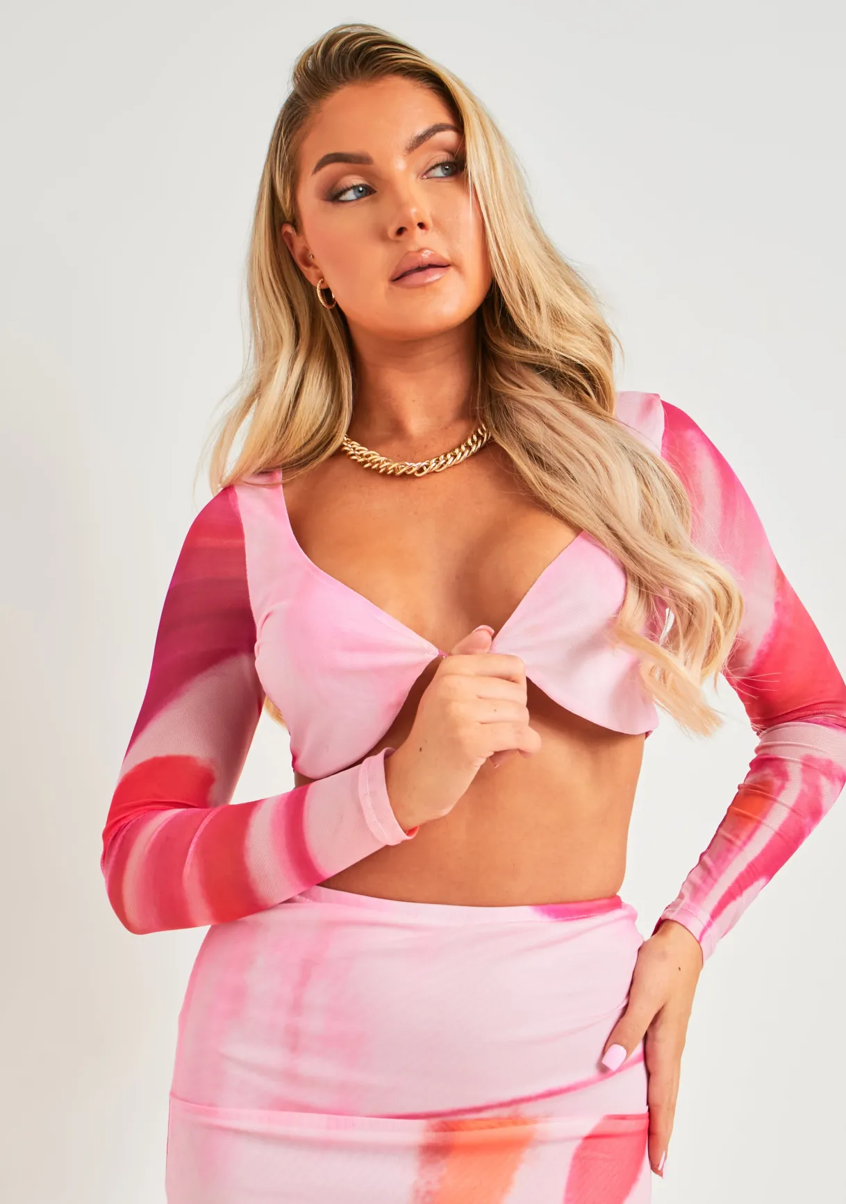Tops|Co-Ords*Missy Empire Marla Pink Printed Mesh Long Sleeve Crop Top