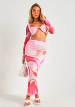 Tops|Co-Ords*Missy Empire Marla Pink Printed Mesh Long Sleeve Crop Top