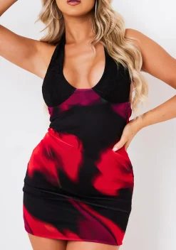 Mini Dresses|Party Dresses*Missy Empire Marlene Black Red Multi Printed Lace Halter Neck Mini Dress
