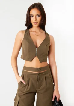 Tops|Co-Ords*Missy Empire Marlo Khaki Zip Front Waistcoat