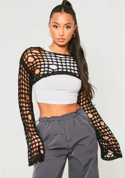 Rave Outfits|Concert Outfits*Missy Empire Marlowe Black Distressed Knit Long Sleeve Extreme Crop Top