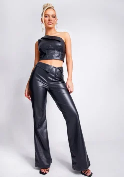 Trousers|Co-Ords*Missy Empire Marlowe Fold Over Faux Leather Flare Trouser Black