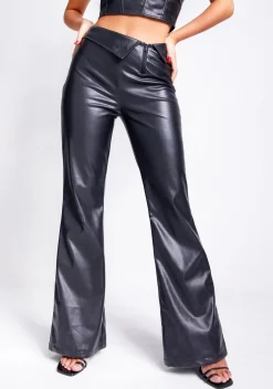 Trousers|Co-Ords*Missy Empire Marlowe Fold Over Faux Leather Flare Trouser Black