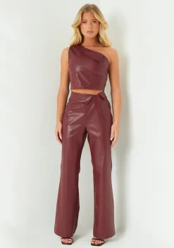 Concert Outfits|The Party Edit*Missy Empire Marlowe Wine Fold Over Faux Leather Flare Trouser Red