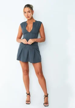 Mini Dresses|Going Out Dresses*Missy Empire Matilda Dark Grey Plunge Pleated Dress