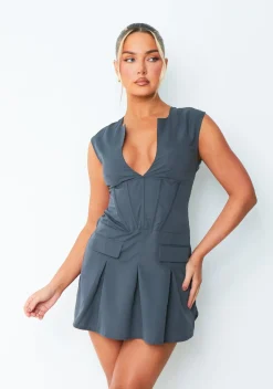 Mini Dresses|Going Out Dresses*Missy Empire Matilda Dark Grey Plunge Pleated Dress
