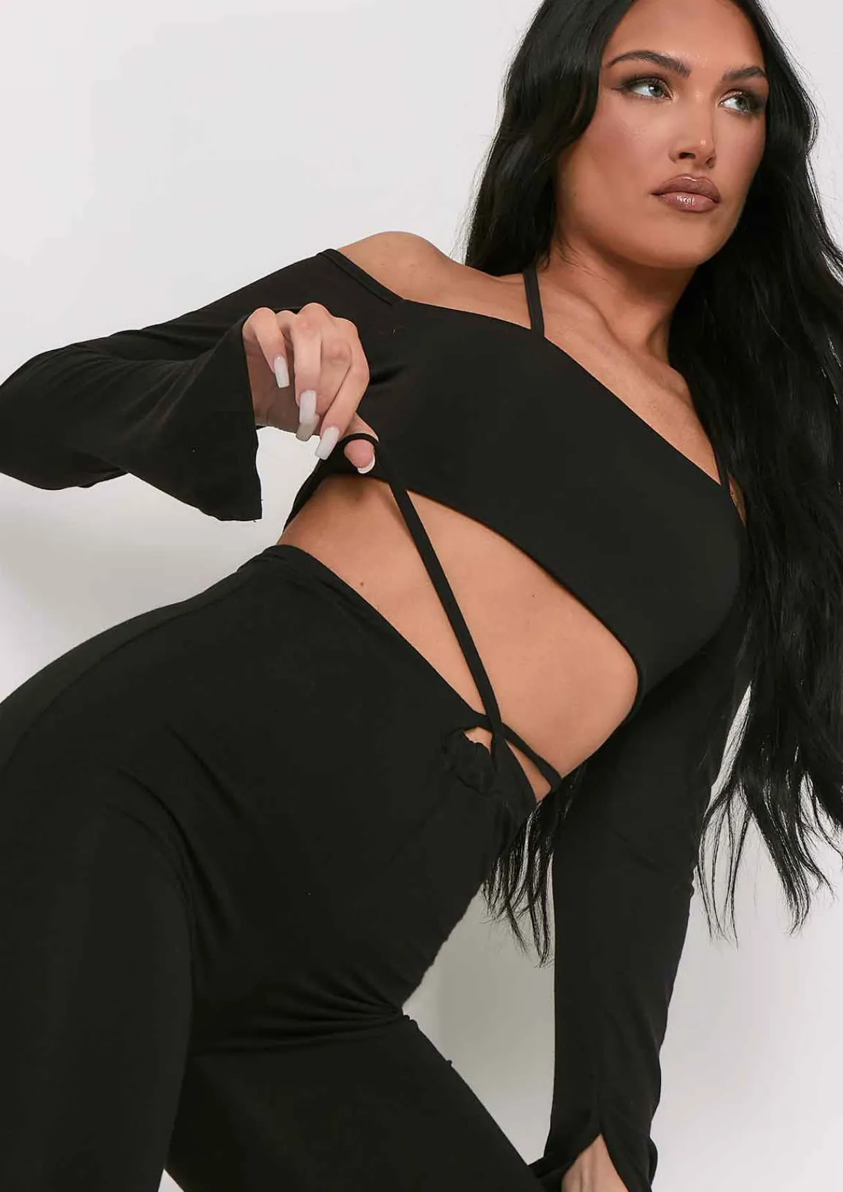 Tops*Missy Empire Maura Bardot Halterneck Strap Split Sleeve Crop Top Black
