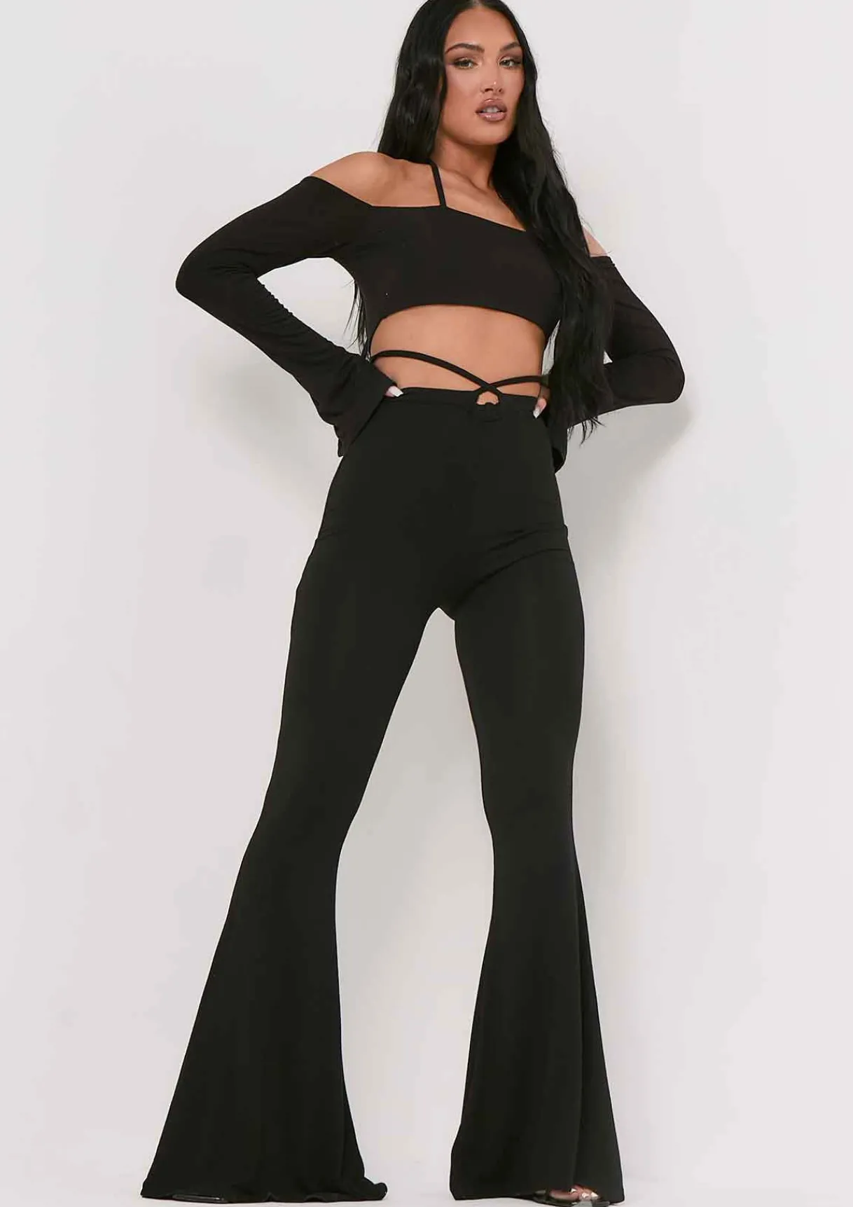 Tops*Missy Empire Maura Bardot Halterneck Strap Split Sleeve Crop Top Black