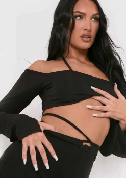 Tops*Missy Empire Maura Bardot Halterneck Strap Split Sleeve Crop Top Black