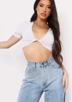 Tops*Missy Empire Maya Slinky Twist Front Crop Top Grey