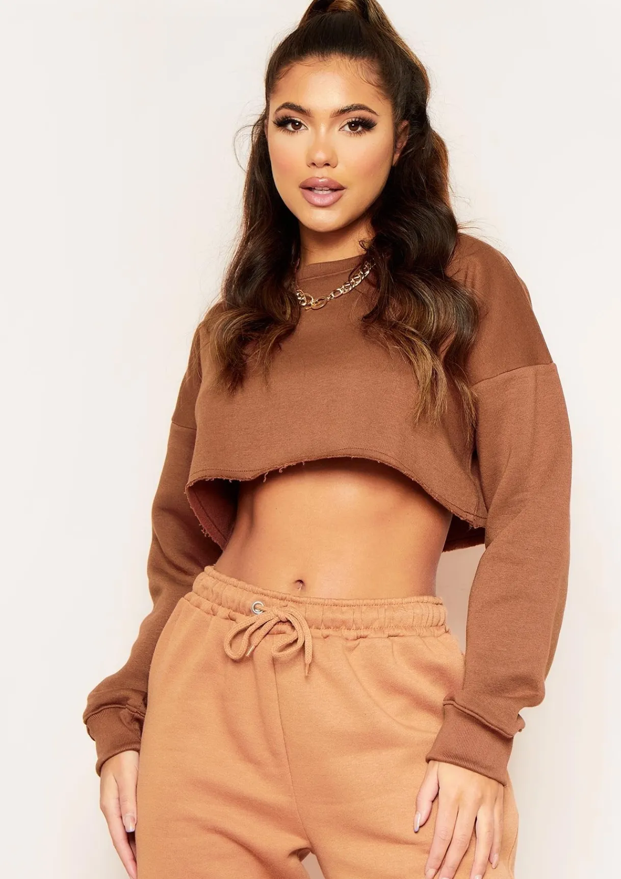 Airport Vibin'|Loungewear*Missy Empire Melanie Chocolate Raw Hem Crew Neck Cropped Sweater